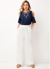 Cold Shoulder Cross Strap Lace Stitching T Shirt