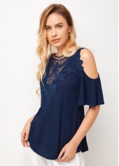 Cold Shoulder Cross Strap Lace Stitching T Shirt