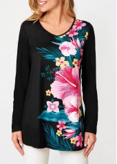 V Neck Floral Print Long Sleeve T Shirt