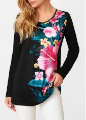 V Neck Floral Print Long Sleeve T Shirt