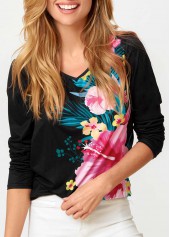 V Neck Floral Print Long Sleeve T Shirt