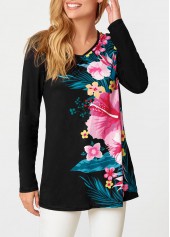 V Neck Floral Print Long Sleeve T Shirt
