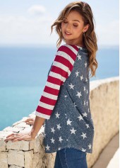 Striped Starry Print Quarter Zip T Shirt