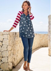 Striped Starry Print Quarter Zip T Shirt