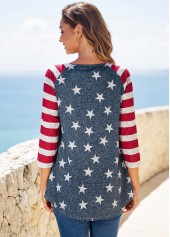Striped Starry Print Quarter Zip T Shirt
