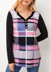 V Neck Plaid Long Sleeve T Shirt