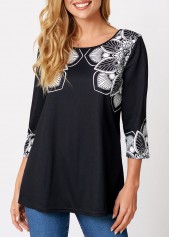 Tribal Print Black Round Neck T Shirt