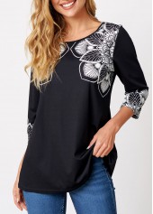 Tribal Print Black Round Neck T Shirt