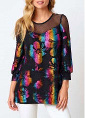 Fishnet Panel Round Neck Colorful Sweatshirt