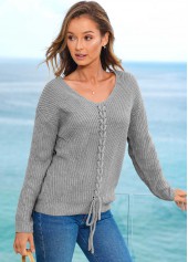 V Neck Long Sleeve Lace Up Sweater
