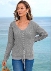 V Neck Long Sleeve Lace Up Sweater