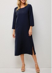 Pocket Double Slit Solid Round Neck Dress