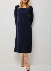 Pocket Double Slit Solid Round Neck Dress