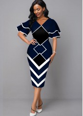 Geometric Print V Neck Sheath Dress