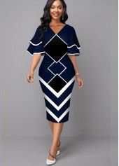 Geometric Print V Neck Sheath Dress