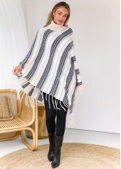 Stripe Print Tassel Long Sleeve Turtleneck Sweater