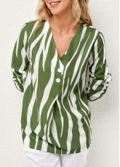 Decorative Button V Neck Striped Blouse