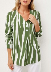 Decorative Button V Neck Striped Blouse