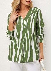 Decorative Button V Neck Striped Blouse