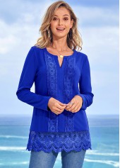 Solid Lace Patchwork Long Sleeve Split Neck T Shirt