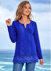 Solid Lace Patchwork Long Sleeve Split Neck T Shirt