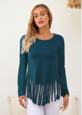 Solid Tassel Long Sleeve Round Neck T Shirt