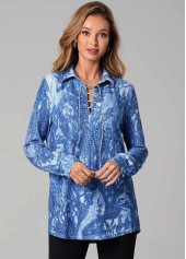 Printed Lace Up Long Sleeve Turndown Collar T Shirt