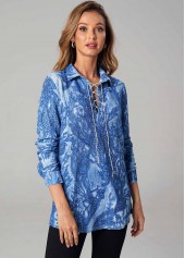 Printed Lace Up Long Sleeve Turndown Collar T Shirt