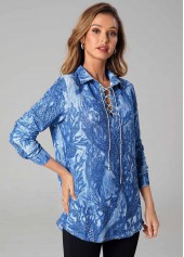 Printed Lace Up Long Sleeve Turndown Collar T Shirt