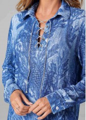 Printed Lace Up Long Sleeve Turndown Collar T Shirt