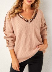 Sequin Long Sleeve Khaki V Neck Sweater