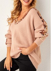 Sequin Long Sleeve Khaki V Neck Sweater