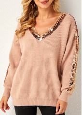 Sequin Long Sleeve Khaki V Neck Sweater