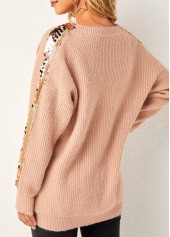 Sequin Long Sleeve Khaki V Neck Sweater