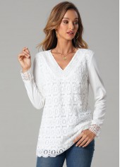 Solid Lace Splicing Long Sleeve V Neck T Shirt