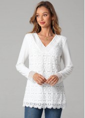 Solid Lace Splicing Long Sleeve V Neck T Shirt