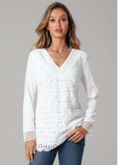 Solid Lace Splicing Long Sleeve V Neck T Shirt