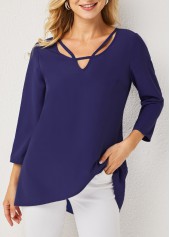Asymmetric Neck Crossover Hem 3/4 Sleeve T Shirt
