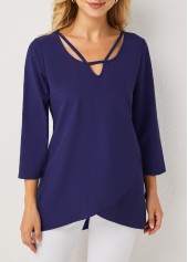 Asymmetric Neck Crossover Hem 3/4 Sleeve T Shirt