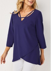 Asymmetric Neck Crossover Hem 3/4 Sleeve T Shirt