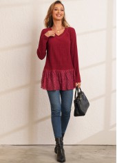 Solid Lace Patchwork Long Sleeve V Neck T Shirt