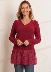Solid Lace Patchwork Long Sleeve V Neck T Shirt