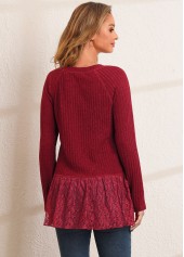 Solid Lace Patchwork Long Sleeve V Neck T Shirt