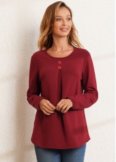 Long Sleeve Decorative Button Round Neck Valentines T Shirt