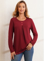 Long Sleeve Decorative Button Round Neck Valentines T Shirt