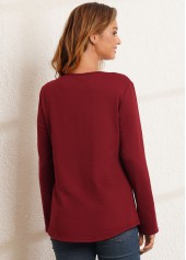 Long Sleeve Decorative Button Round Neck Valentines T Shirt