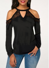 Long Sleeve Lace Stitching Cold Shoulder T Shirt