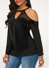 Long Sleeve Lace Stitching Cold Shoulder T Shirt