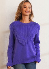 Round Neck Solid Tassel Long Sleeve Sweater