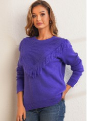 Round Neck Solid Tassel Long Sleeve Sweater